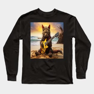 zombie cat playing guitar on beach Long Sleeve T-Shirt